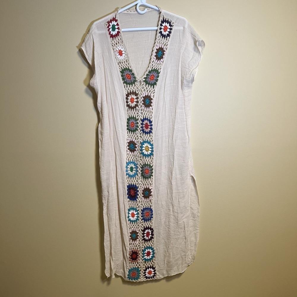 Women's Kimono Swim Cover Up Granny Square Crochet Slit Size Large Boho Beach
